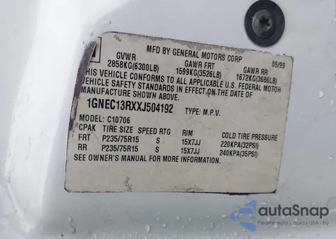 1999 Chevrolet Suburban 1500 Lt из США, поврежденный, VIN 1GNFK16R5XJ499180